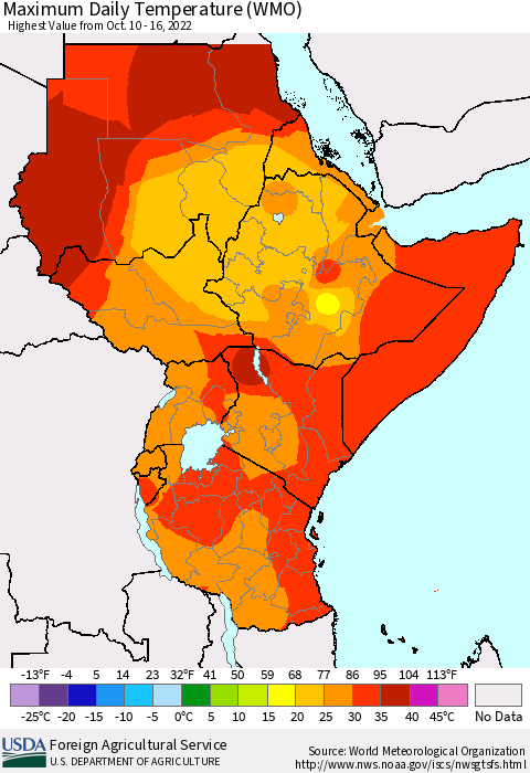 Eastern Africa Maximum Daily Temperature (WMO) Thematic Map For 10/10/2022 - 10/16/2022