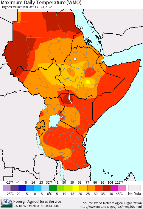 Eastern Africa Maximum Daily Temperature (WMO) Thematic Map For 10/17/2022 - 10/23/2022