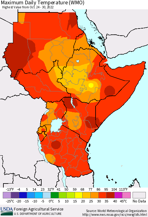 Eastern Africa Maximum Daily Temperature (WMO) Thematic Map For 10/24/2022 - 10/30/2022
