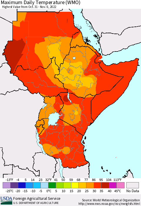 Eastern Africa Maximum Daily Temperature (WMO) Thematic Map For 10/31/2022 - 11/6/2022