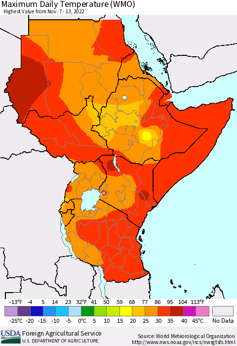 Eastern Africa Maximum Daily Temperature (WMO) Thematic Map For 11/7/2022 - 11/13/2022