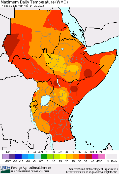 Eastern Africa Maximum Daily Temperature (WMO) Thematic Map For 11/14/2022 - 11/20/2022