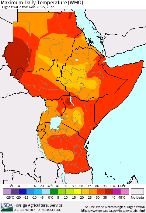 Eastern Africa Maximum Daily Temperature (WMO) Thematic Map For 11/21/2022 - 11/27/2022