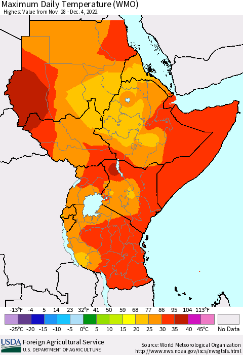 Eastern Africa Maximum Daily Temperature (WMO) Thematic Map For 11/28/2022 - 12/4/2022