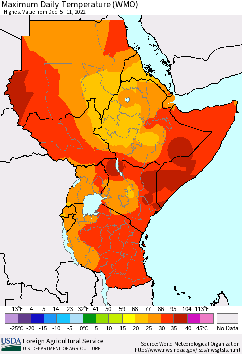 Eastern Africa Maximum Daily Temperature (WMO) Thematic Map For 12/5/2022 - 12/11/2022