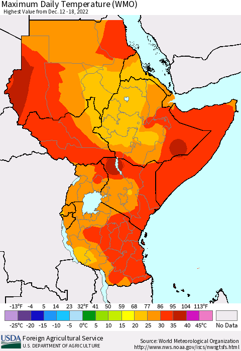 Eastern Africa Maximum Daily Temperature (WMO) Thematic Map For 12/12/2022 - 12/18/2022