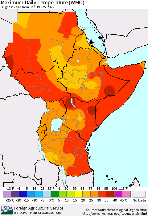Eastern Africa Maximum Daily Temperature (WMO) Thematic Map For 12/19/2022 - 12/25/2022