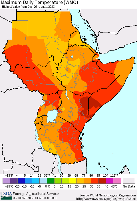 Eastern Africa Maximum Daily Temperature (WMO) Thematic Map For 12/26/2022 - 1/1/2023