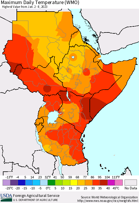 Eastern Africa Maximum Daily Temperature (WMO) Thematic Map For 1/2/2023 - 1/8/2023