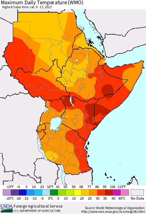 Eastern Africa Maximum Daily Temperature (WMO) Thematic Map For 1/9/2023 - 1/15/2023