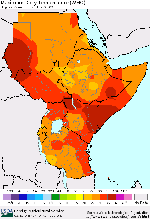 Eastern Africa Maximum Daily Temperature (WMO) Thematic Map For 1/16/2023 - 1/22/2023