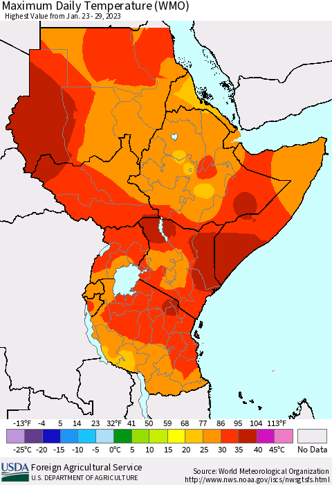 Eastern Africa Maximum Daily Temperature (WMO) Thematic Map For 1/23/2023 - 1/29/2023