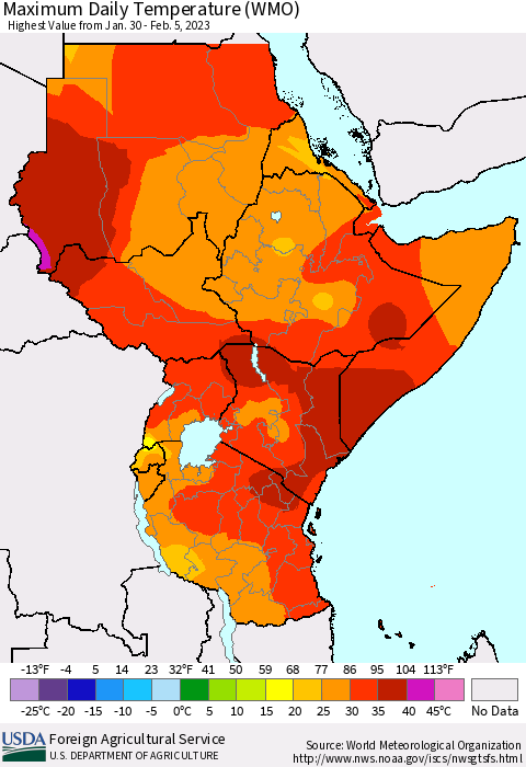 Eastern Africa Maximum Daily Temperature (WMO) Thematic Map For 1/30/2023 - 2/5/2023