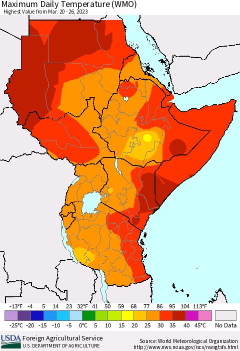 Eastern Africa Maximum Daily Temperature (WMO) Thematic Map For 3/20/2023 - 3/26/2023
