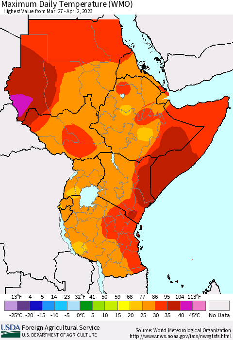 Eastern Africa Maximum Daily Temperature (WMO) Thematic Map For 3/27/2023 - 4/2/2023