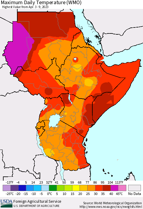 Eastern Africa Maximum Daily Temperature (WMO) Thematic Map For 4/3/2023 - 4/9/2023