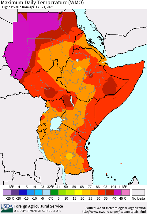 Eastern Africa Maximum Daily Temperature (WMO) Thematic Map For 4/17/2023 - 4/23/2023