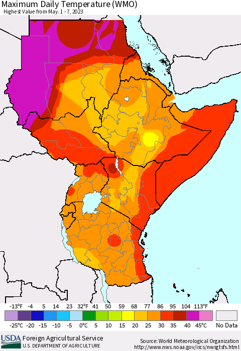Eastern Africa Maximum Daily Temperature (WMO) Thematic Map For 5/1/2023 - 5/7/2023