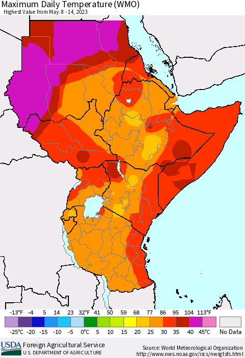Eastern Africa Maximum Daily Temperature (WMO) Thematic Map For 5/8/2023 - 5/14/2023