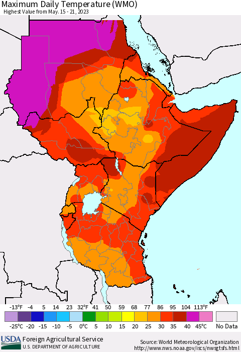 Eastern Africa Maximum Daily Temperature (WMO) Thematic Map For 5/15/2023 - 5/21/2023