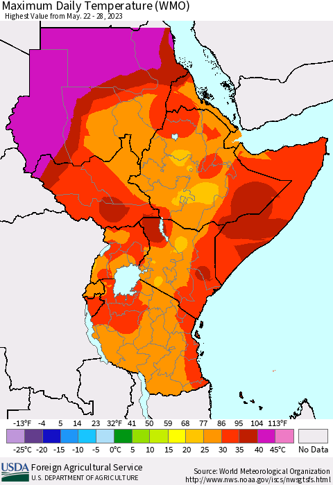 Eastern Africa Maximum Daily Temperature (WMO) Thematic Map For 5/22/2023 - 5/28/2023