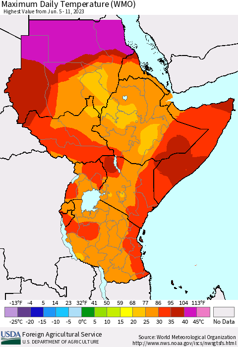 Eastern Africa Maximum Daily Temperature (WMO) Thematic Map For 6/5/2023 - 6/11/2023