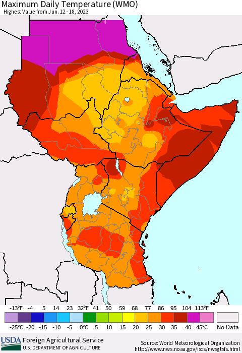 Eastern Africa Maximum Daily Temperature (WMO) Thematic Map For 6/12/2023 - 6/18/2023