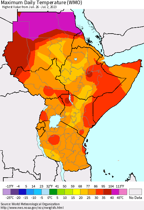 Eastern Africa Maximum Daily Temperature (WMO) Thematic Map For 6/26/2023 - 7/2/2023