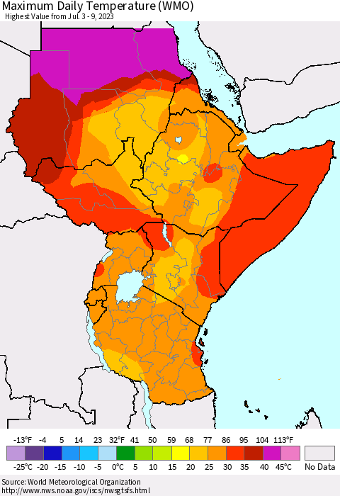 Eastern Africa Maximum Daily Temperature (WMO) Thematic Map For 7/3/2023 - 7/9/2023