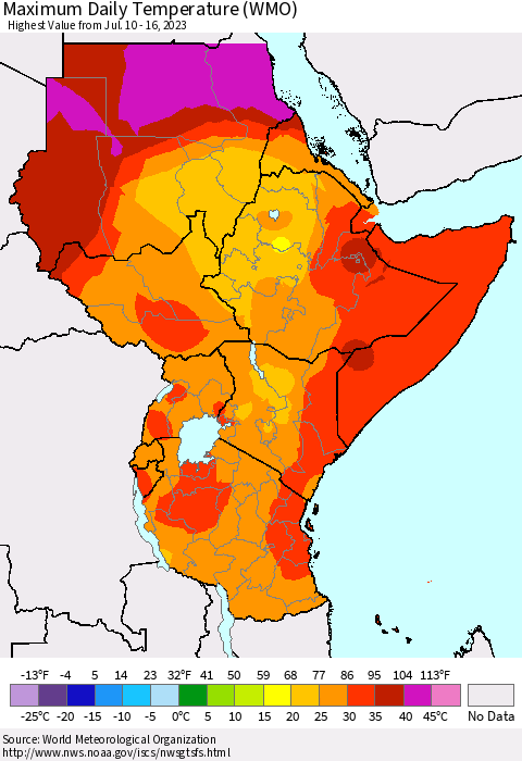Eastern Africa Maximum Daily Temperature (WMO) Thematic Map For 7/10/2023 - 7/16/2023