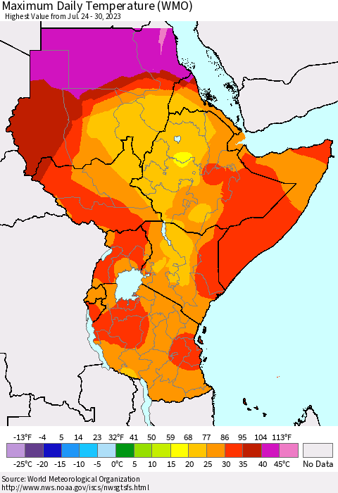 Eastern Africa Maximum Daily Temperature (WMO) Thematic Map For 7/24/2023 - 7/30/2023