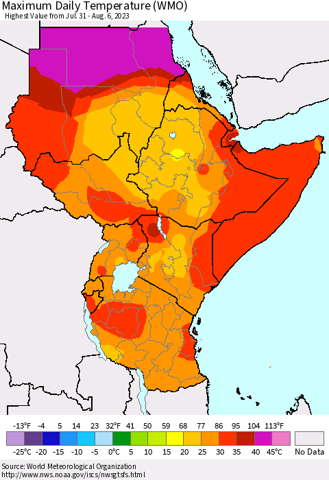 Eastern Africa Maximum Daily Temperature (WMO) Thematic Map For 7/31/2023 - 8/6/2023