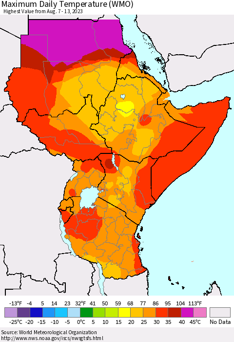 Eastern Africa Maximum Daily Temperature (WMO) Thematic Map For 8/7/2023 - 8/13/2023