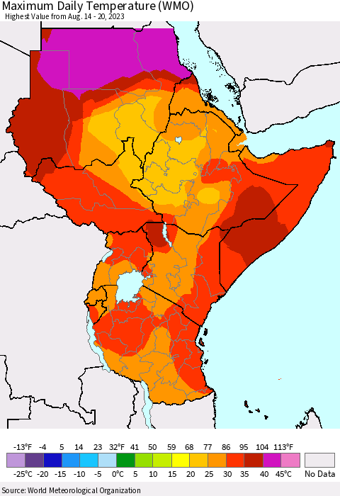 Eastern Africa Maximum Daily Temperature (WMO) Thematic Map For 8/14/2023 - 8/20/2023