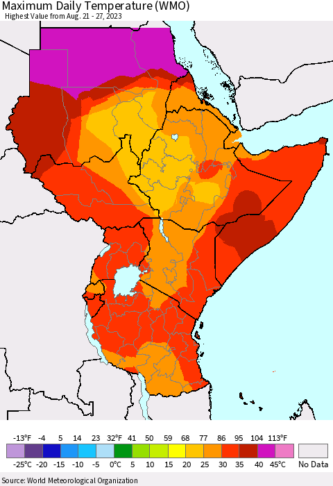 Eastern Africa Maximum Daily Temperature (WMO) Thematic Map For 8/21/2023 - 8/27/2023