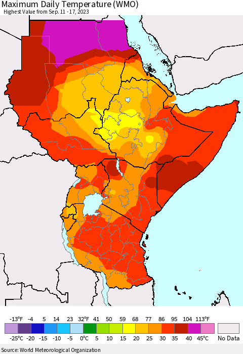 Eastern Africa Maximum Daily Temperature (WMO) Thematic Map For 9/11/2023 - 9/17/2023