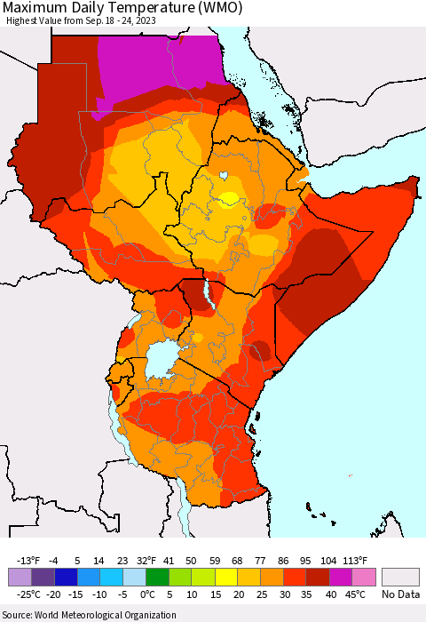 Eastern Africa Maximum Daily Temperature (WMO) Thematic Map For 9/18/2023 - 9/24/2023