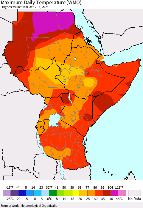 Eastern Africa Maximum Daily Temperature (WMO) Thematic Map For 10/2/2023 - 10/8/2023