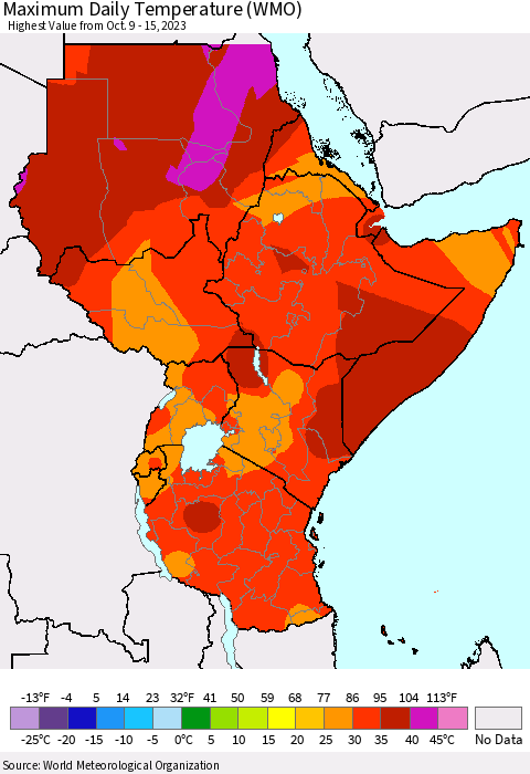 Eastern Africa Maximum Daily Temperature (WMO) Thematic Map For 10/9/2023 - 10/15/2023