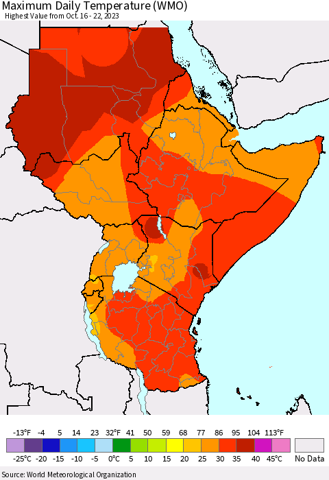 Eastern Africa Maximum Daily Temperature (WMO) Thematic Map For 10/16/2023 - 10/22/2023