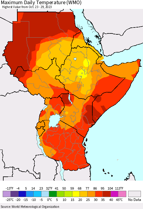 Eastern Africa Maximum Daily Temperature (WMO) Thematic Map For 10/23/2023 - 10/29/2023