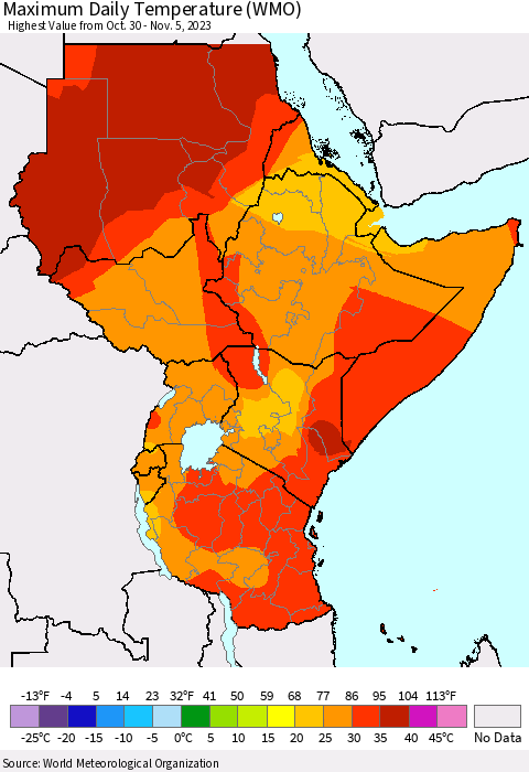 Eastern Africa Maximum Daily Temperature (WMO) Thematic Map For 10/30/2023 - 11/5/2023