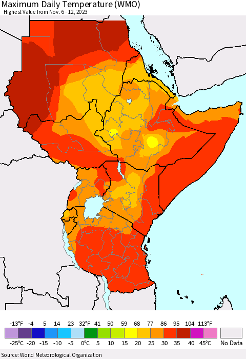 Eastern Africa Maximum Daily Temperature (WMO) Thematic Map For 11/6/2023 - 11/12/2023