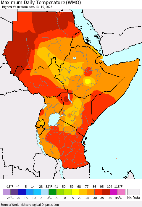 Eastern Africa Maximum Daily Temperature (WMO) Thematic Map For 11/13/2023 - 11/19/2023