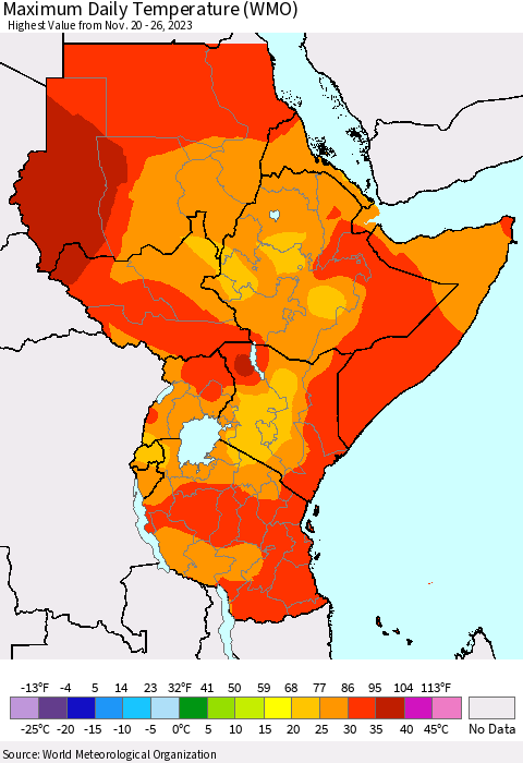 Eastern Africa Maximum Daily Temperature (WMO) Thematic Map For 11/20/2023 - 11/26/2023