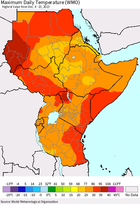 Eastern Africa Maximum Daily Temperature (WMO) Thematic Map For 12/4/2023 - 12/10/2023