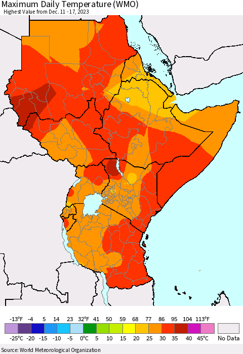 Eastern Africa Maximum Daily Temperature (WMO) Thematic Map For 12/11/2023 - 12/17/2023