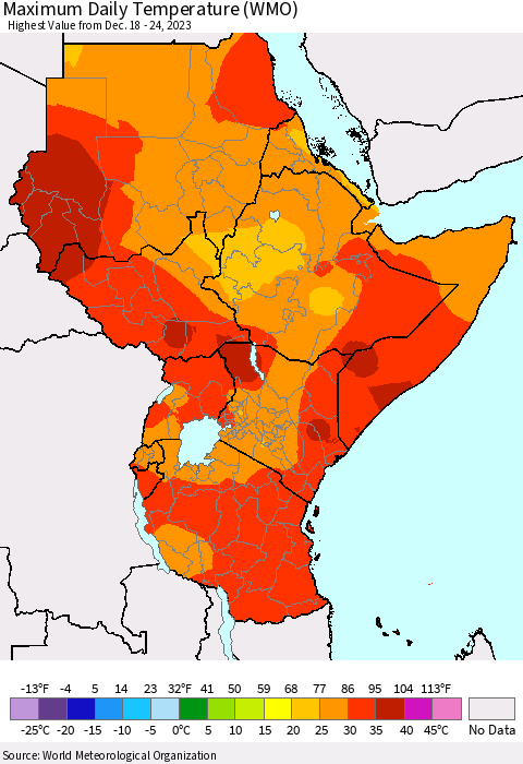 Eastern Africa Maximum Daily Temperature (WMO) Thematic Map For 12/18/2023 - 12/24/2023