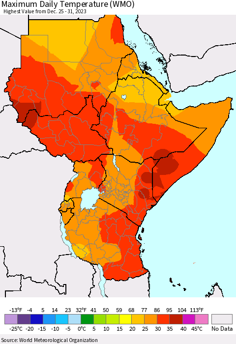 Eastern Africa Maximum Daily Temperature (WMO) Thematic Map For 12/25/2023 - 12/31/2023