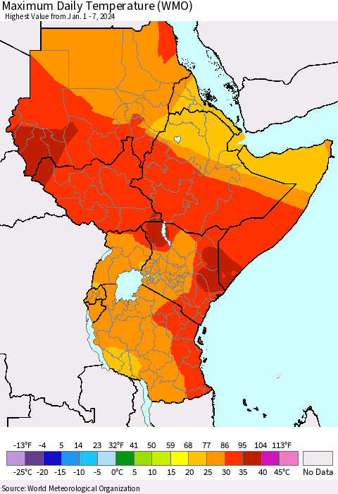 Eastern Africa Maximum Daily Temperature (WMO) Thematic Map For 1/1/2024 - 1/7/2024
